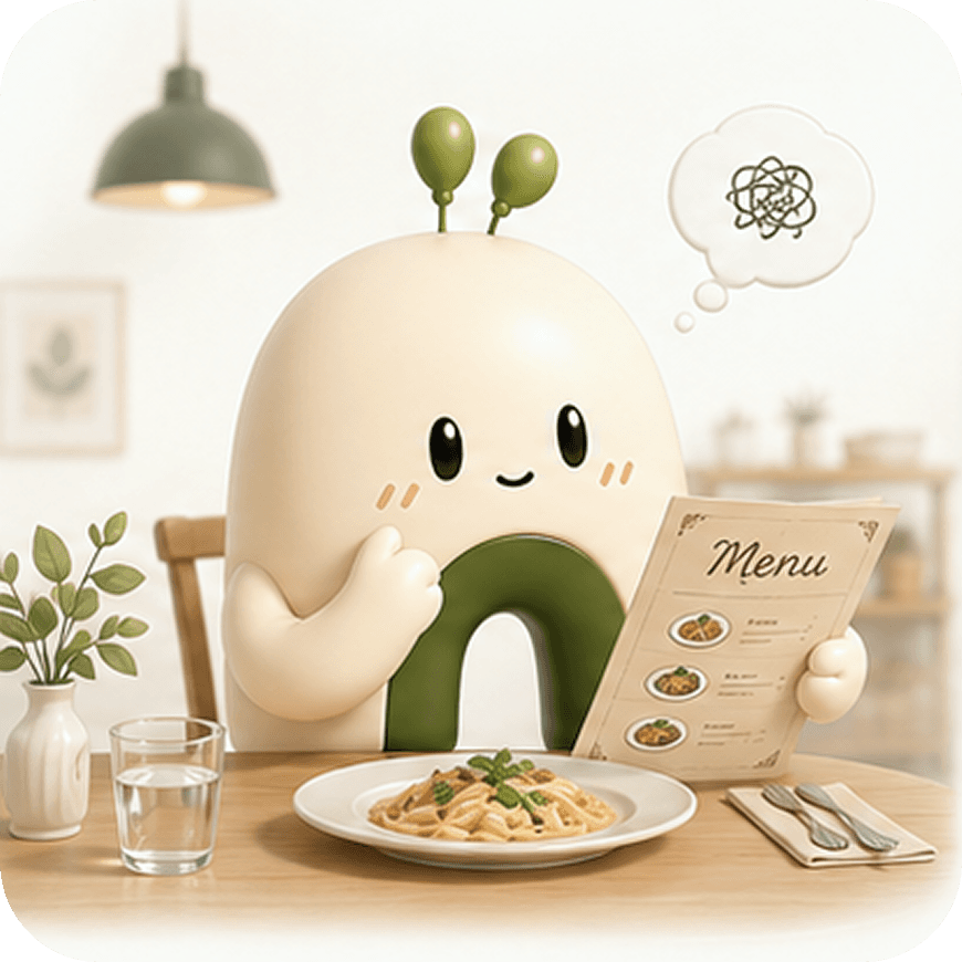 Nombit character choosing familiar safe dishes