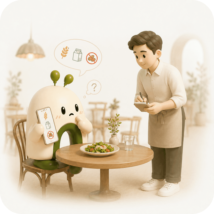 Nombit character confused by a restaurant menu abroad