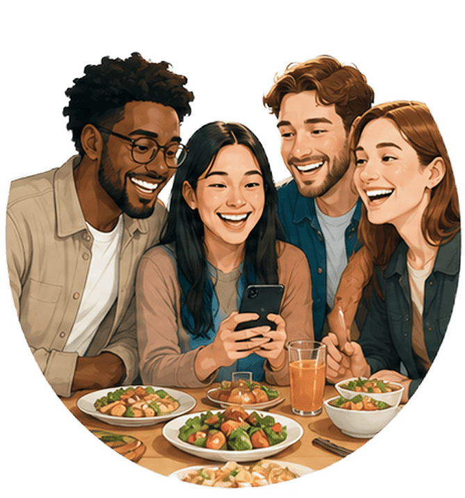 Friends dining together illustration from the Nombit Figma design