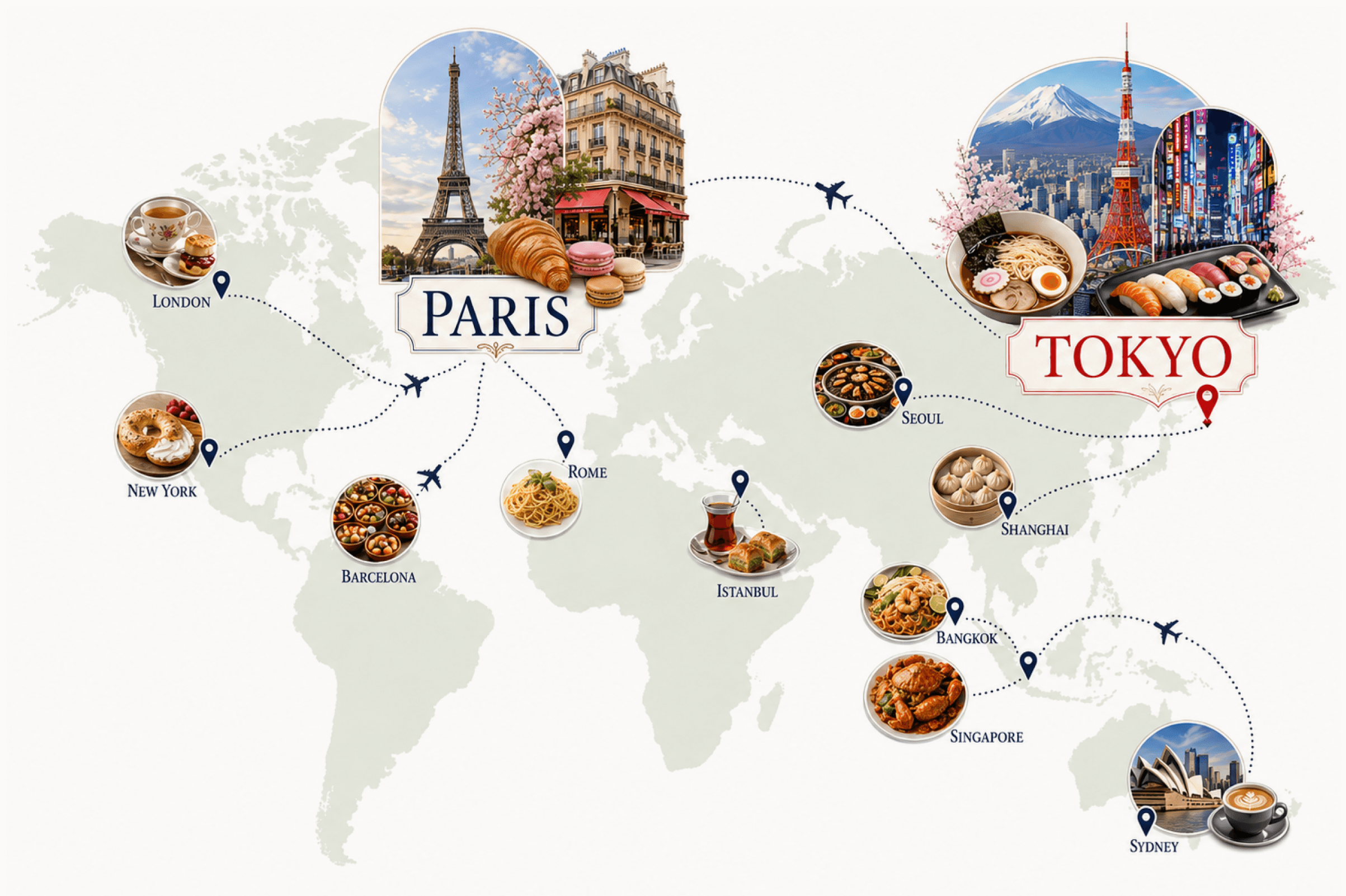 World map showing travel dining destinations from Tokyo to Paris